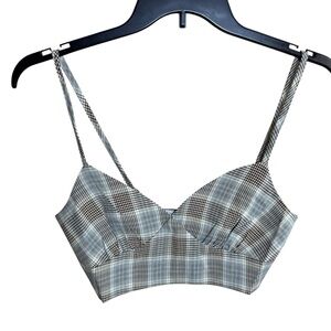 Sans Souci Blue and Brown Glen Plaid Bustier Crop Top Size Small